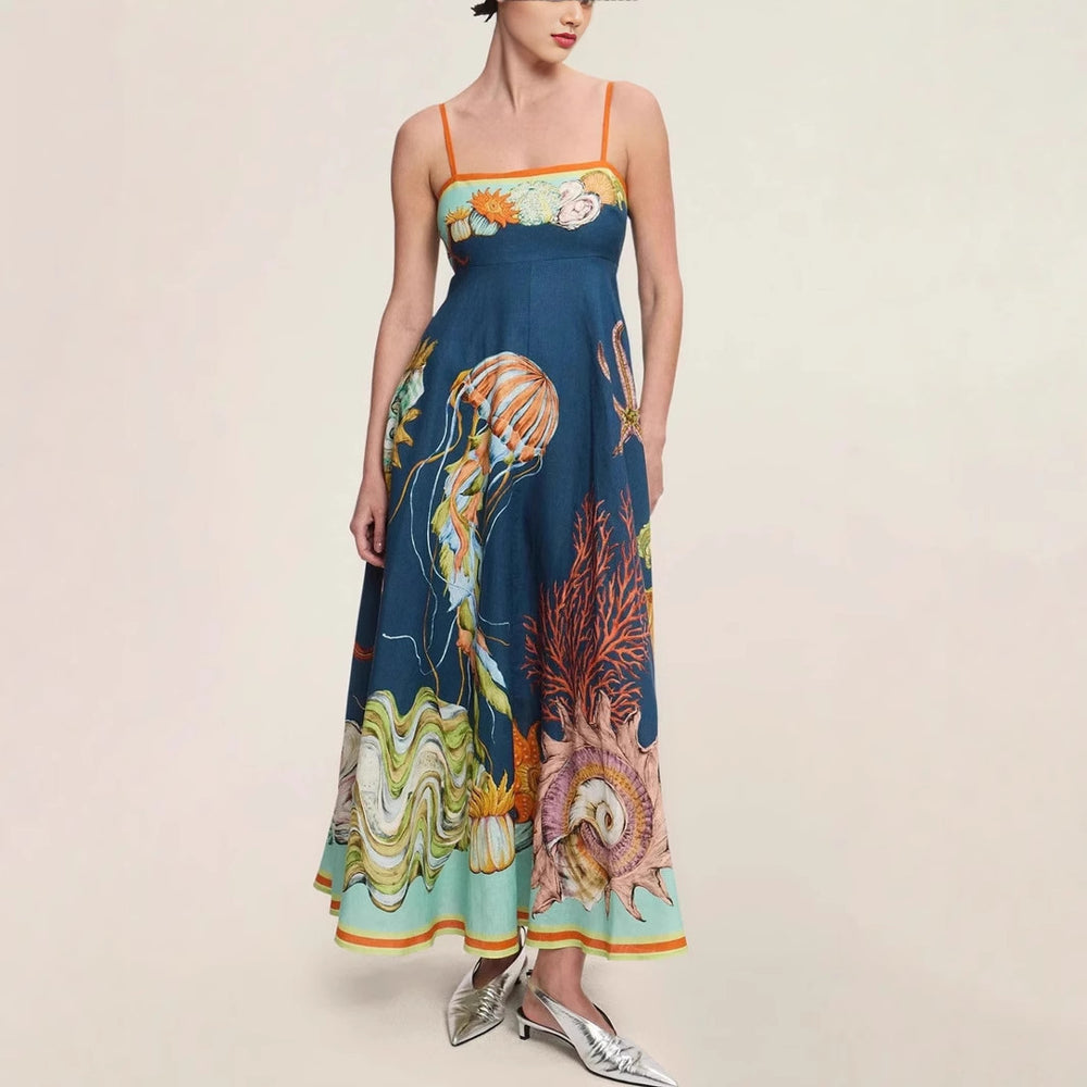 cross-border  women's new elegant high-waisted cotton linen printed camisole casual fashion dress