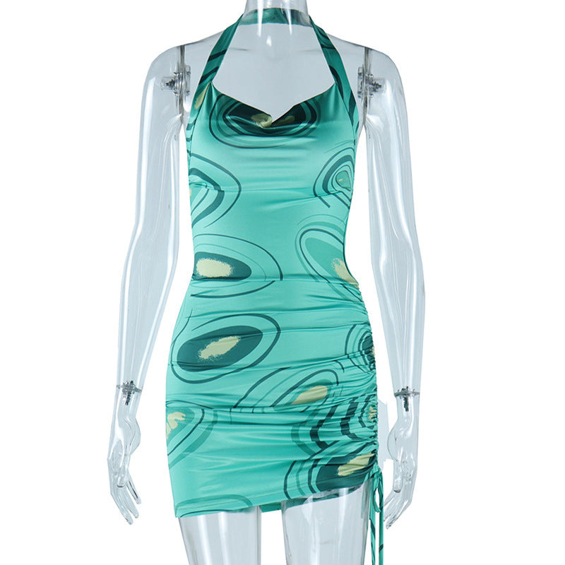 European and american style sleeveless halter neck women's fashion printed pleated dress color block sexy slim fit bodycon skirt trendy