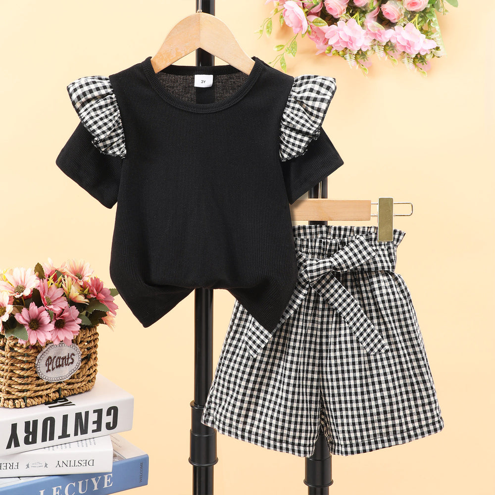 Children's round neck short-sleeved pure colortopsplaid shortssuit