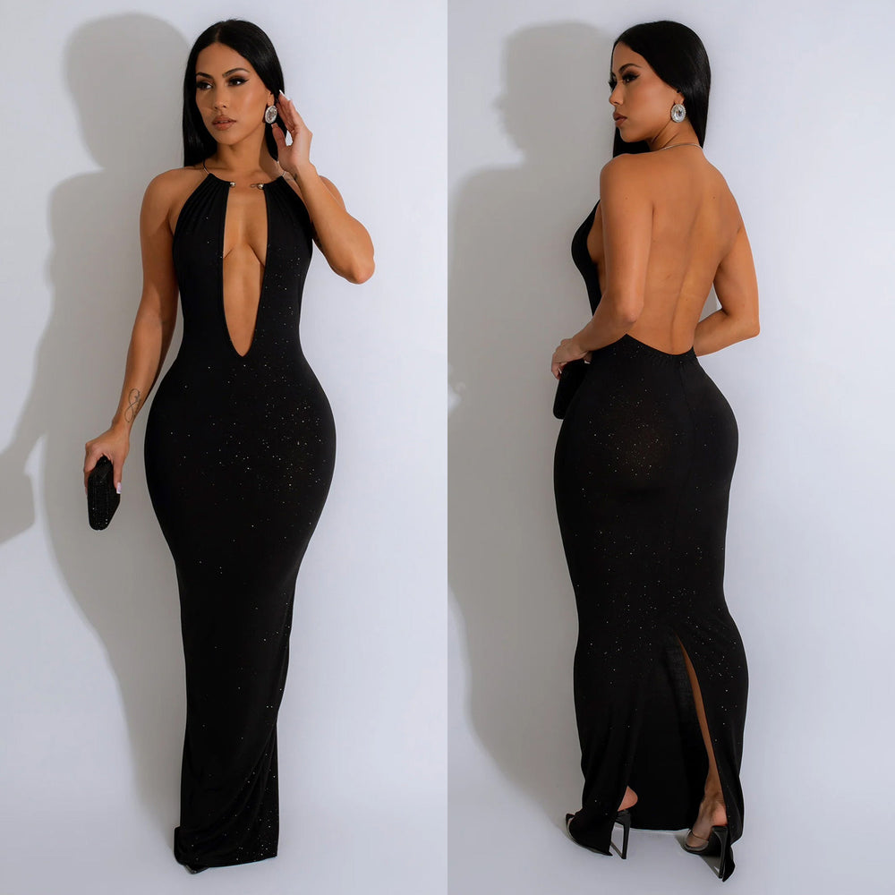 C6831 cross-border   fashion women's solid color cutout backless sleeveless maxi dress