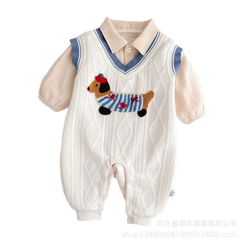 Baby spring autumnew arrivalgentleman knitting clothes long sleeves outing clothes infant super cute fake two-piece one-piece haha