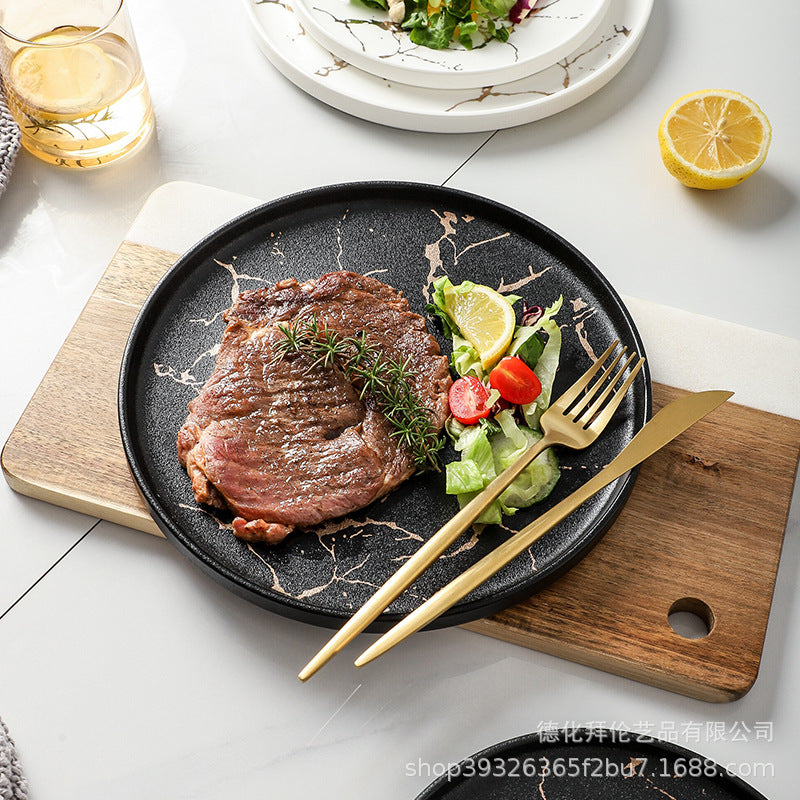 Steak plate marble ceramic western food plate hotel restaurant special plate steak plate with edge pizza plate wholesale