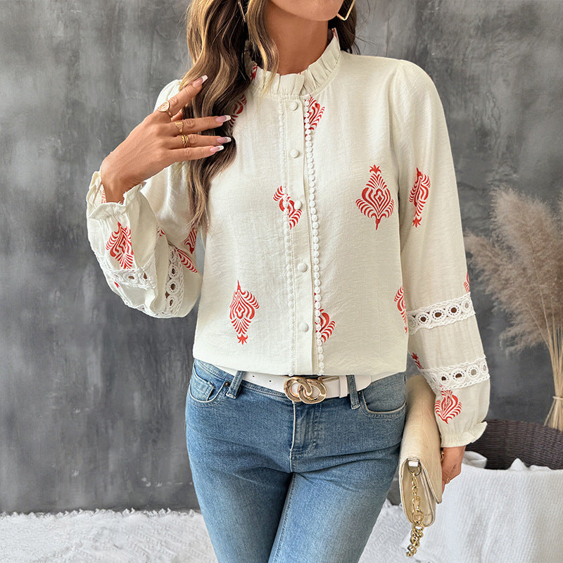 European   2025 new autumn top single-breasted cardigan stand-up collar ethnic style printed shirt women