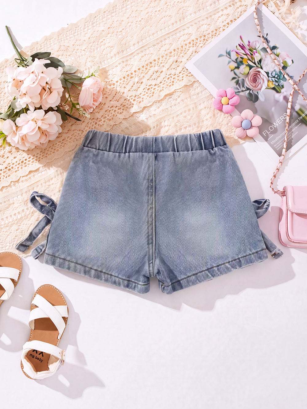 hot-selling girls' denim shorts with washed effect and bow detail - cross-border exclusive for infants and toddlers