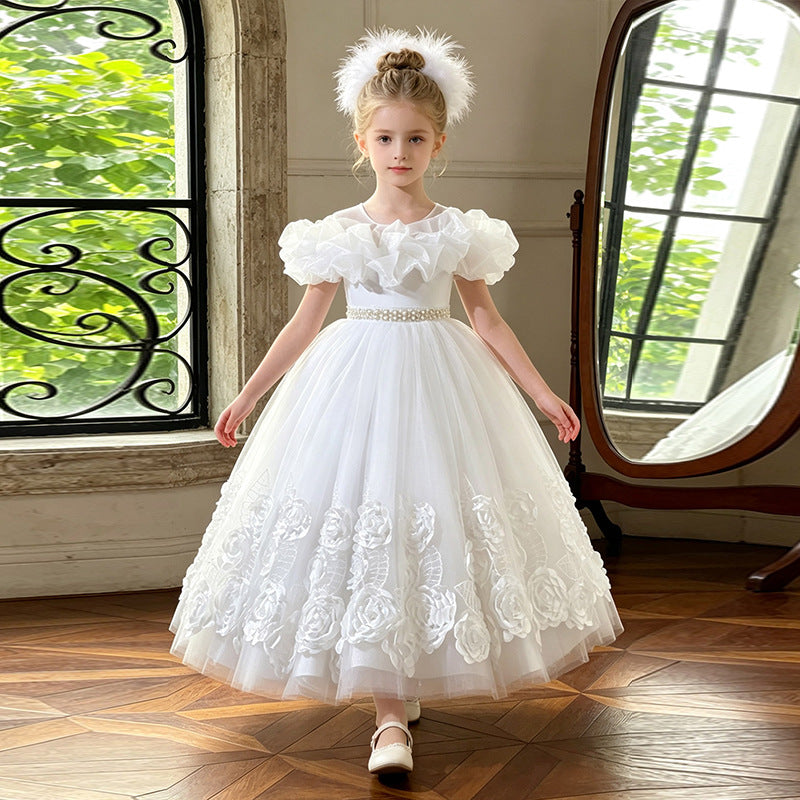 new arrivallonggirl dress stereo applique tutu tulle kids birthday princess dress flower girl wedding dress