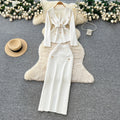 French chic high-end women's autumn set: tie-waist knit top with metal buckle & high-waisted bodycon midi skirt