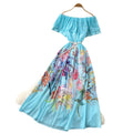 new women's summer sleeveless printed dress with pearl off-the-shoulder neckline, high-waisted a-line skirt, commute-friendly high street style
