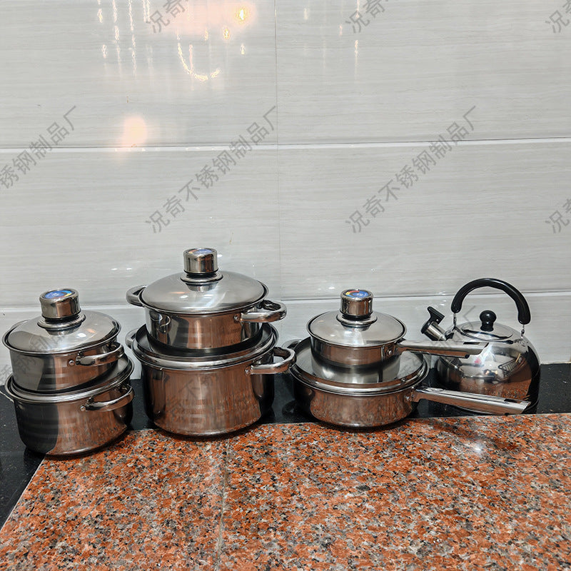 Thermometer suit pot export africa stainless steel multi bottom 14-piece pot set non-stick frying pan milk pot soup pot cookware