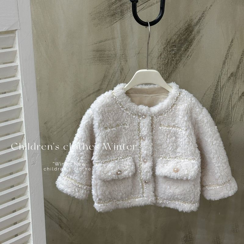Girls' outerwear:  winter fashionable chanel-inspired warm fuzzy sweater for little girls and children