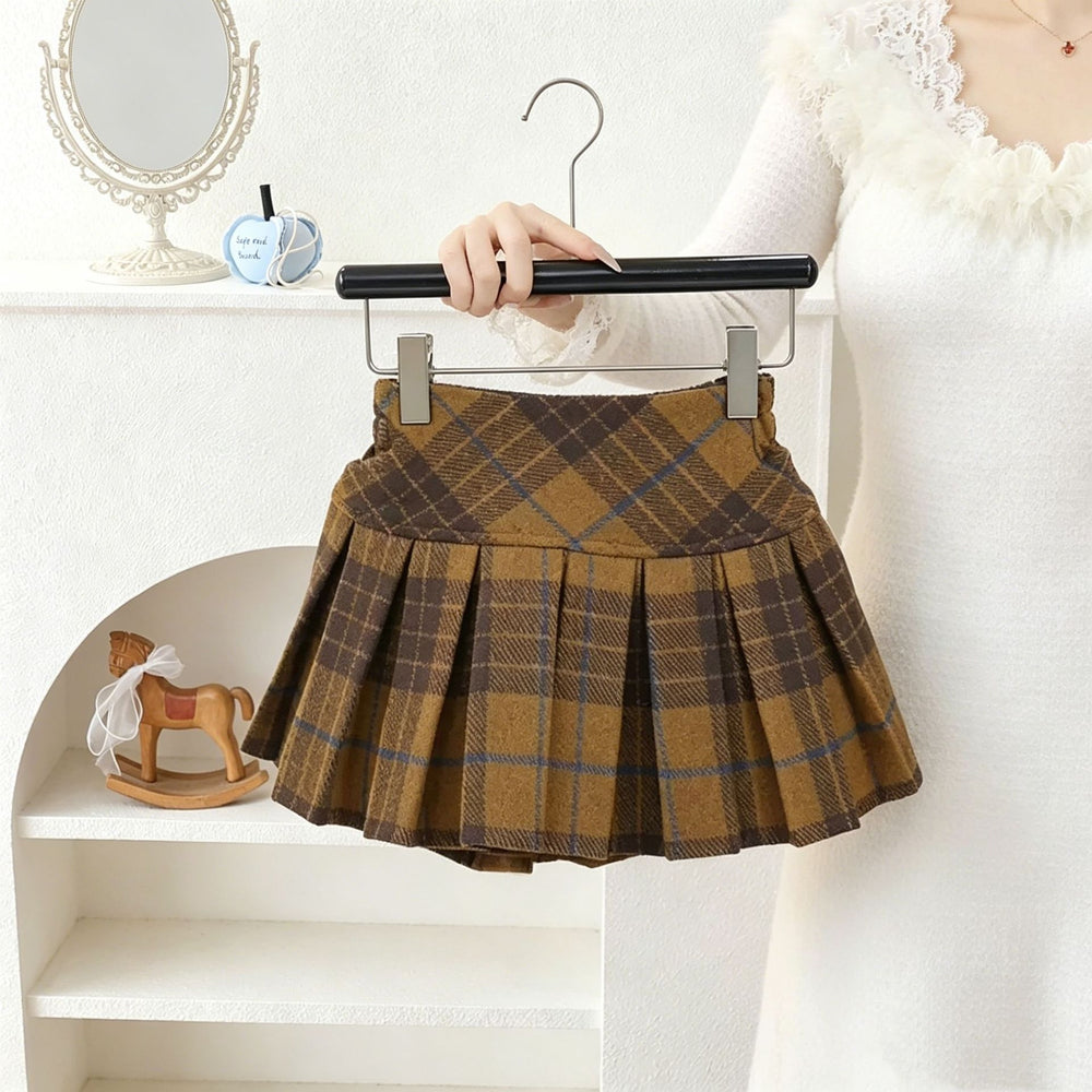 Girls' sweater set - new winter  collection: faux fur collar jacket & wool blend plaid skirt - trendy two-piece outfit