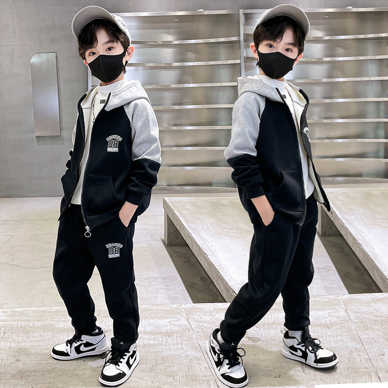 Boys' fall outfit set:  new fleece-lined trendy & stylish kids' autumn/spring tracksuit for older boys