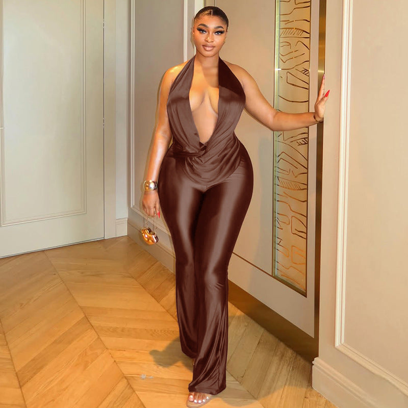 European and american style cross-border silm women's loose halter slightly flared jumpsuit sports pleated swing collar pure color long jumpsuit