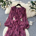 French lady style printingloosedress women's spring & falllong sleeves strap waist a-line long skirt slimming lookelegant skirt