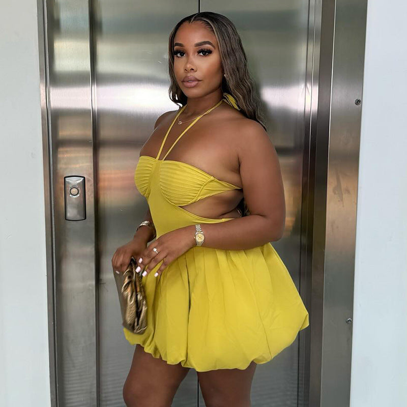European and american women's clothing  spring new arrivals: sweet and fresh halter neck bandeau backless high-waisted mini dress