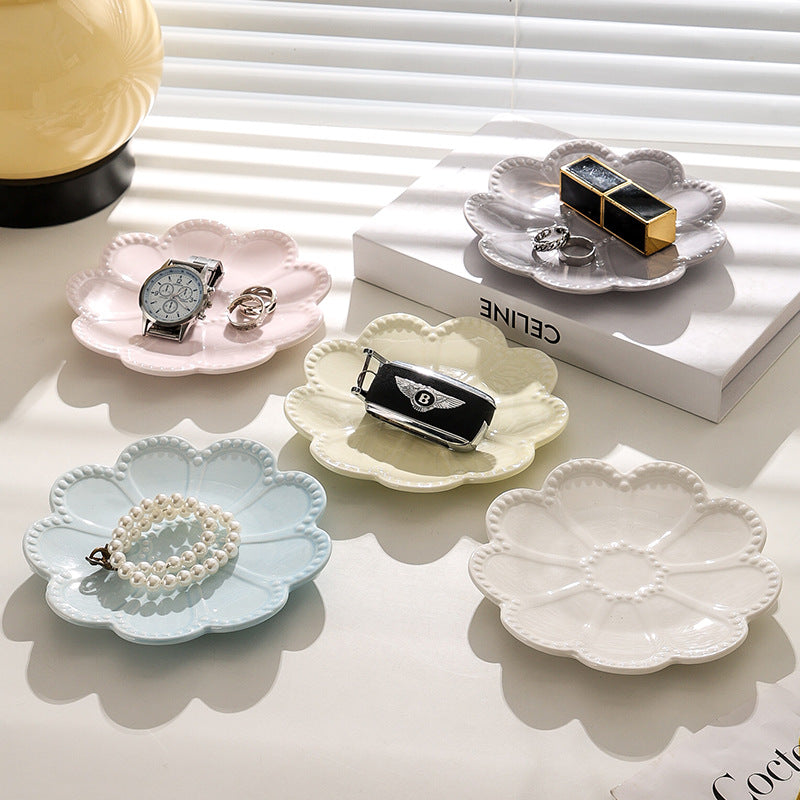 Ins creative floral desktop jewelry organizer ceramic tray - unique embossed entryway display & storage ornament