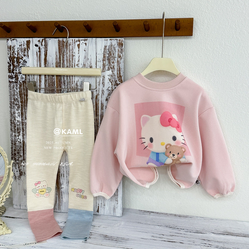 Girls' outfit:  autumn korean style trendy pink kids' hoodie cartoon top & kt print leggings two-piece set