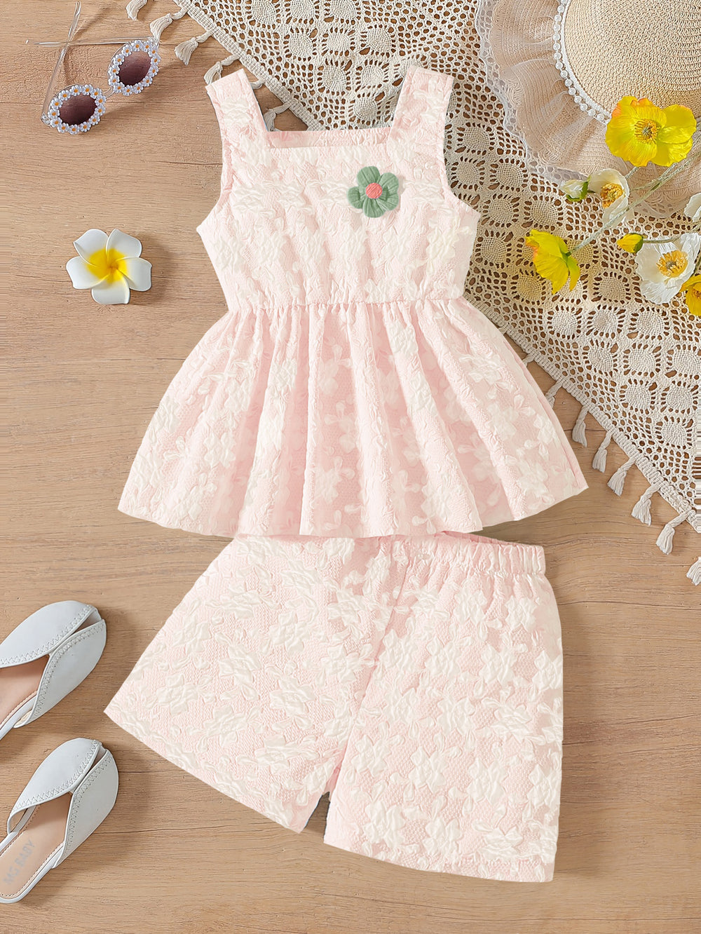 Summer girls' tank top set - korean style floral embroidery print, ruffle hem, sky blue two-piece outfit for kids