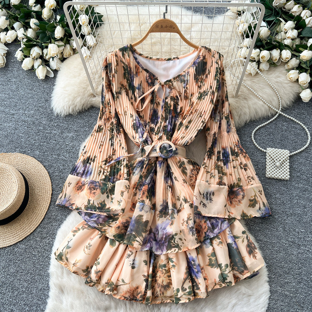 Frenchromantic style v neck strap waist floral dress female summerk-styleslimming lookruffleselegant a-line skirt