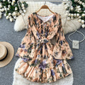 Frenchromantic style v neck strap waist floral dress female summerk-styleslimming lookruffleselegant a-line skirt
