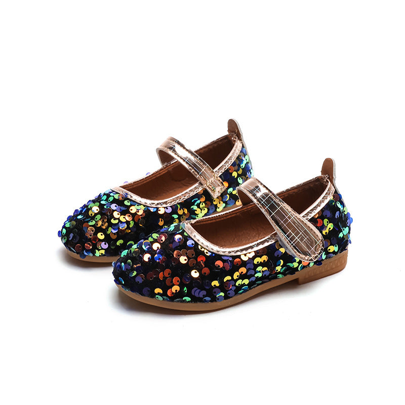 Girls'  spring new collection: sparkling soft-soled princess leather shoes for mid-to-large children - wholesale direct from the manufacturer, featuring hook-and-loop fasteners