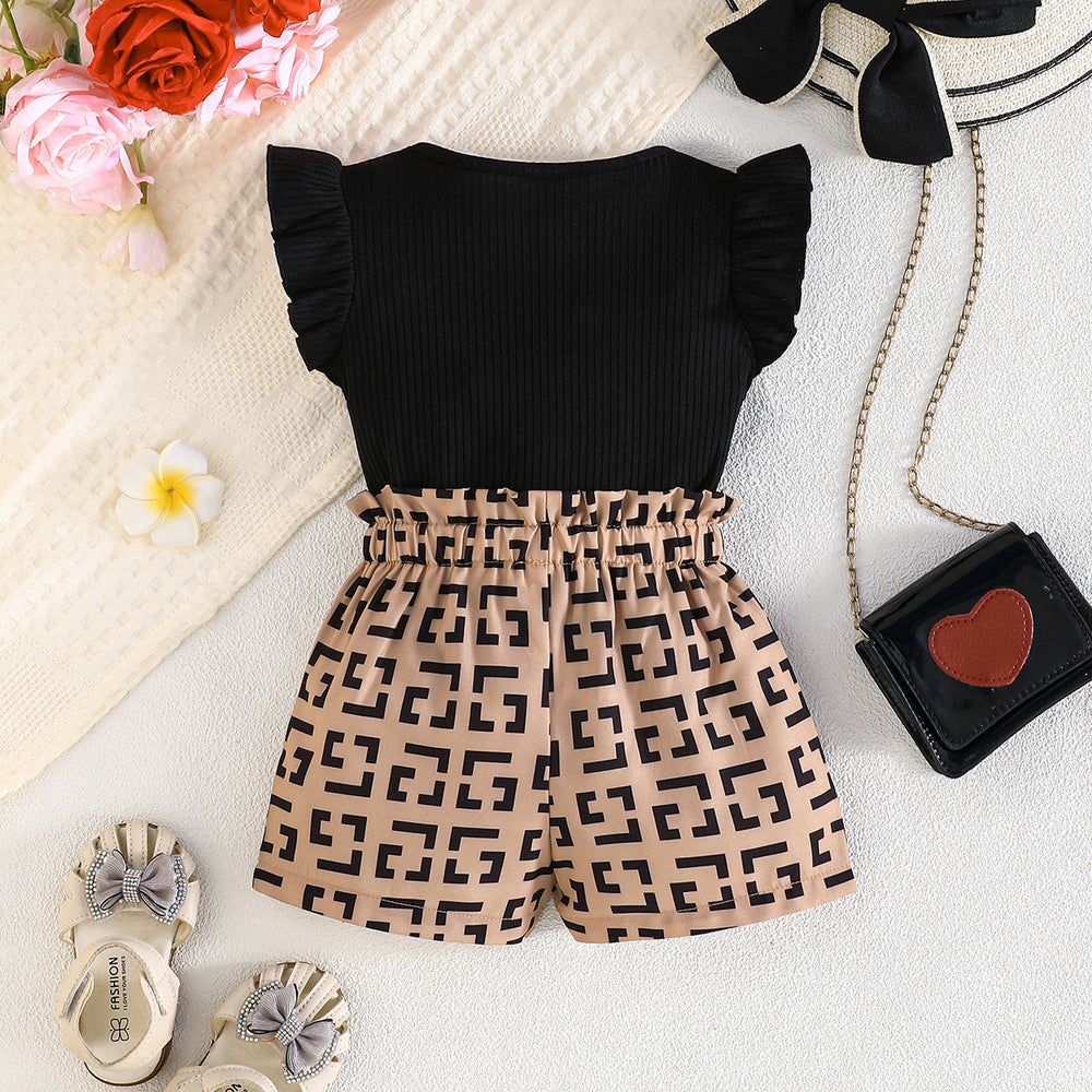 European and american style girls' summer outfit: flutter sleeve knit top + printed shorts two-piece set