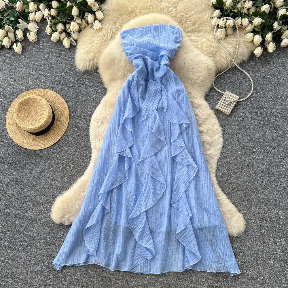 French riviera style halter sleeveless dress - women's summer korean high-waisted ruffle trim slimming elegant maxi dress - pink