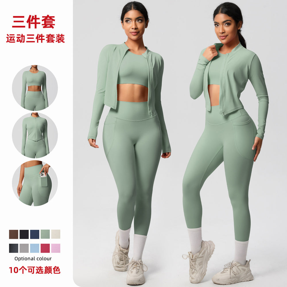 High-waisted, form-fitting, pocketed yoga set with a cropped, long-sleeved, cloud-feel, quick-drying running and fitness activewear three-piece set