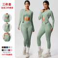 High-waisted, form-fitting, pocketed yoga set with a cropped, long-sleeved, cloud-feel, quick-drying running and fitness activewear three-piece set