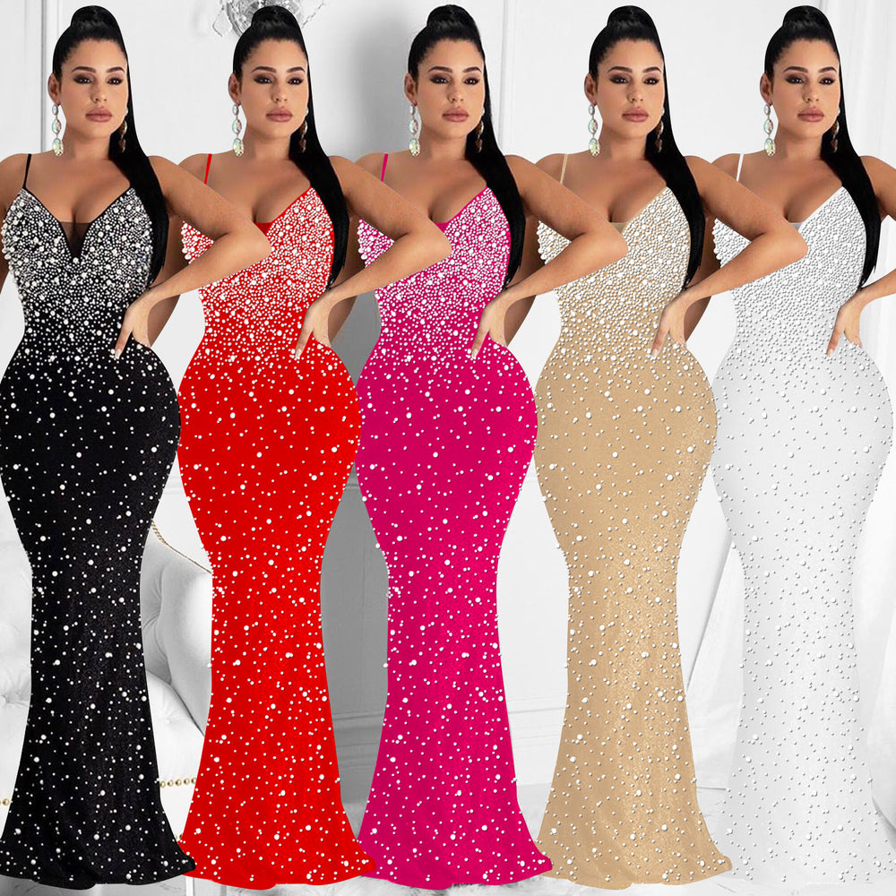 C5852   fashion women's hotfix rhinestone nightclub sexy sleeveless maxi dress