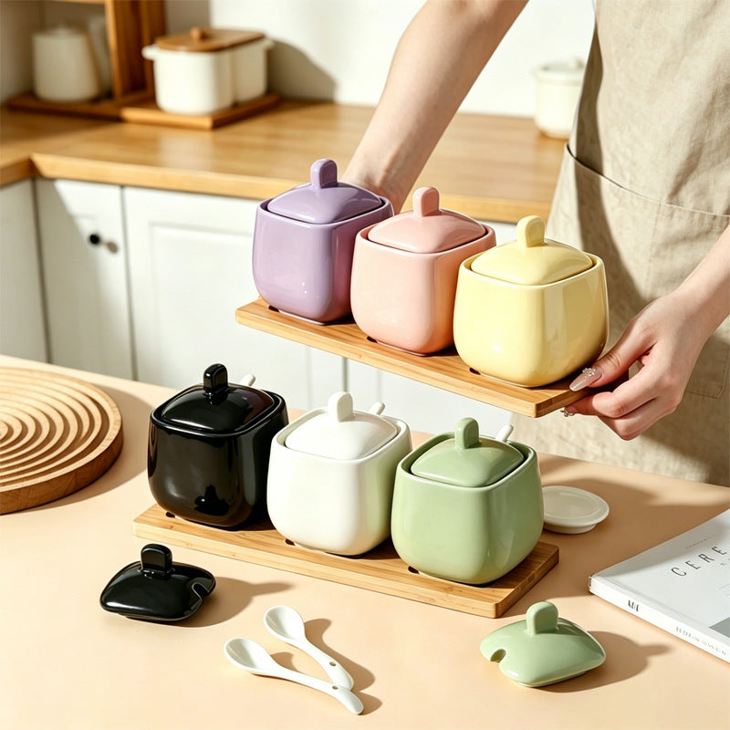 Wow, simple style seasoning jar ceramic seasoning box for home with lid wooden tray msg salt shaker round seasoning jar