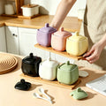 Wow, simple style seasoning jar ceramic seasoning box for home with lid wooden tray msg salt shaker round seasoning jar