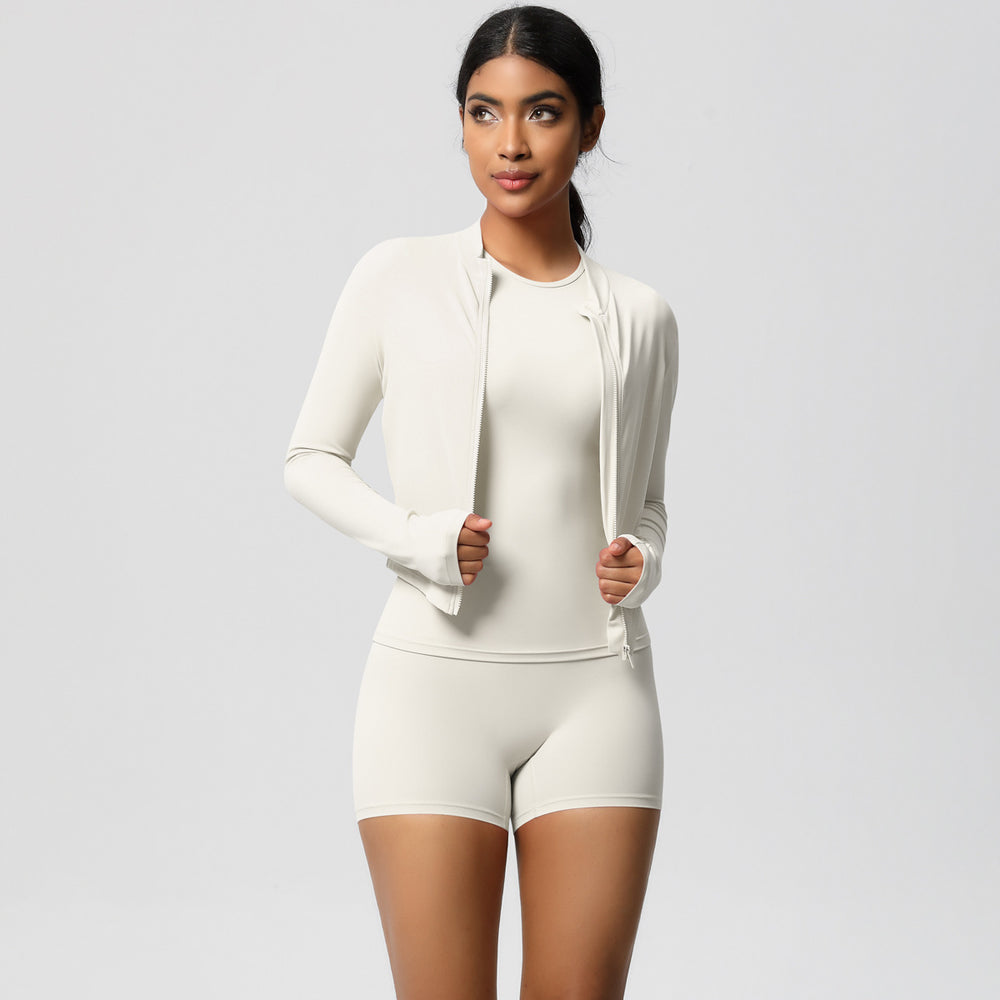 European and american nude feel cardigan jacket, crew neck short sleeve t-shirt, casual yoga set, running sports fitness three-piece outfit