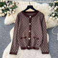 European style chic geometric print set - women's autumn premium round neck metal buckle long sleeve knit top & high waist pants