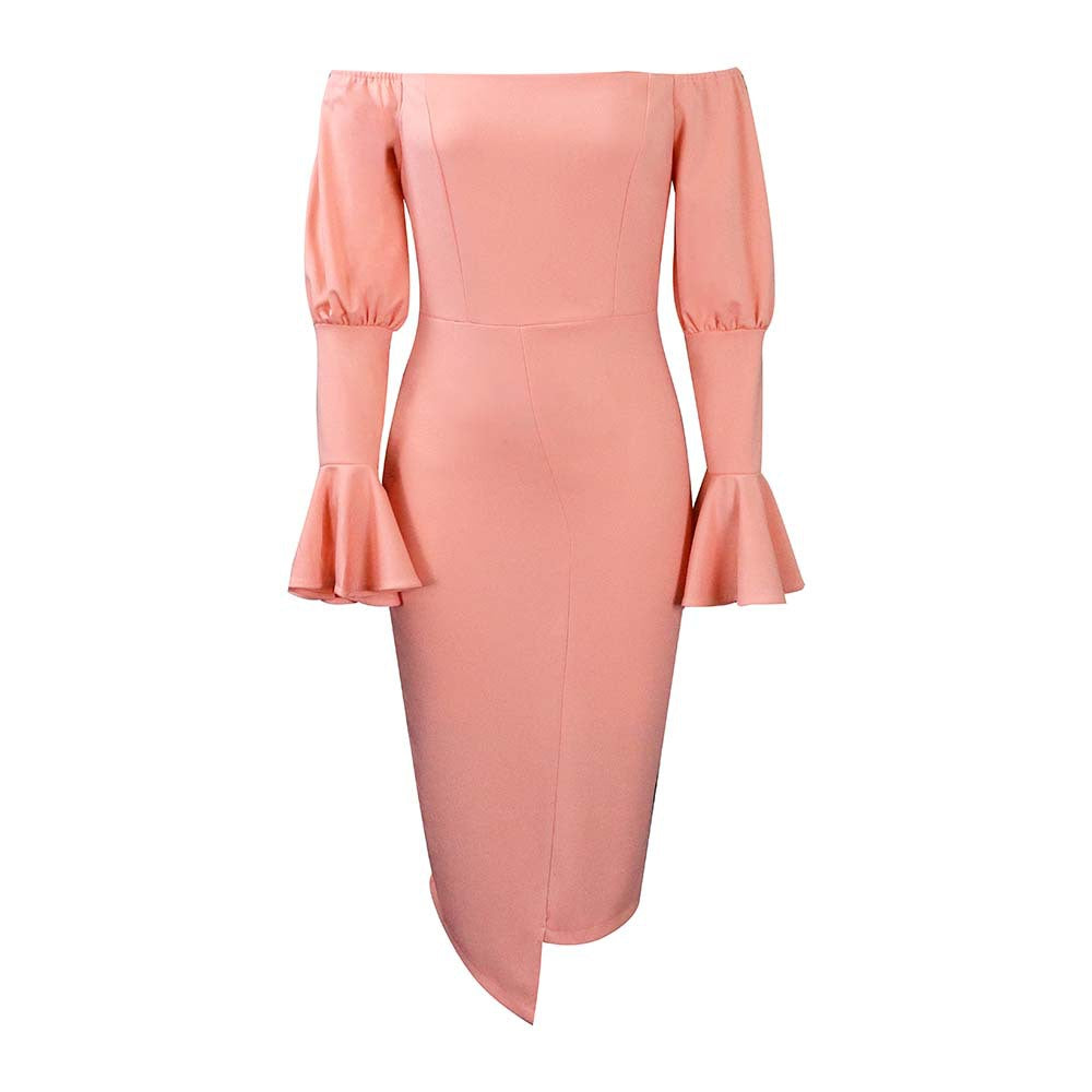 D3090plus size women's clothing   spring and summer bell sleeves hip-hugging tight fashion european and american dress