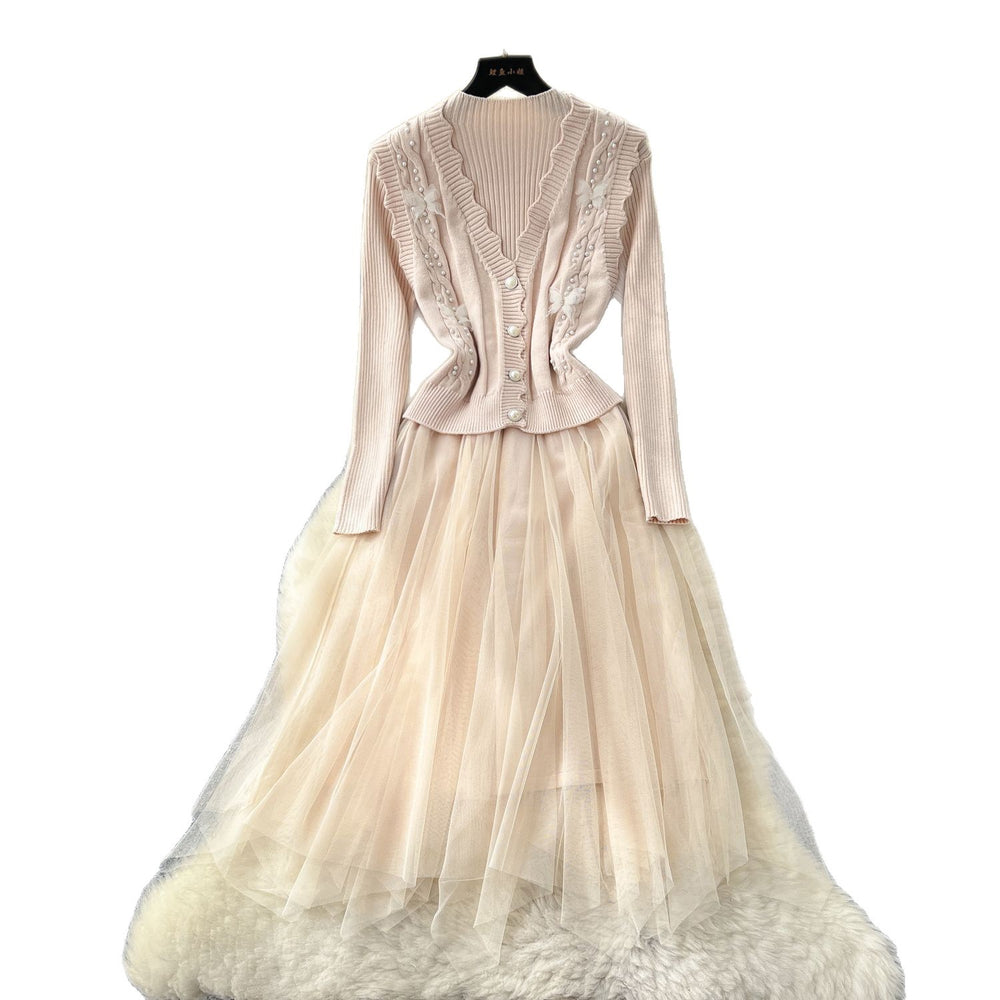 Women's fall/winter layering set: new long-sleeve knit & mesh panel dress + beaded sleeveless vest