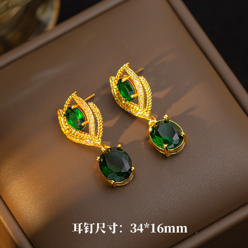 [set] internet celebrity popular emerald geometric titanium steel earrings necklace for women, light luxury high-end ring clavicle chain