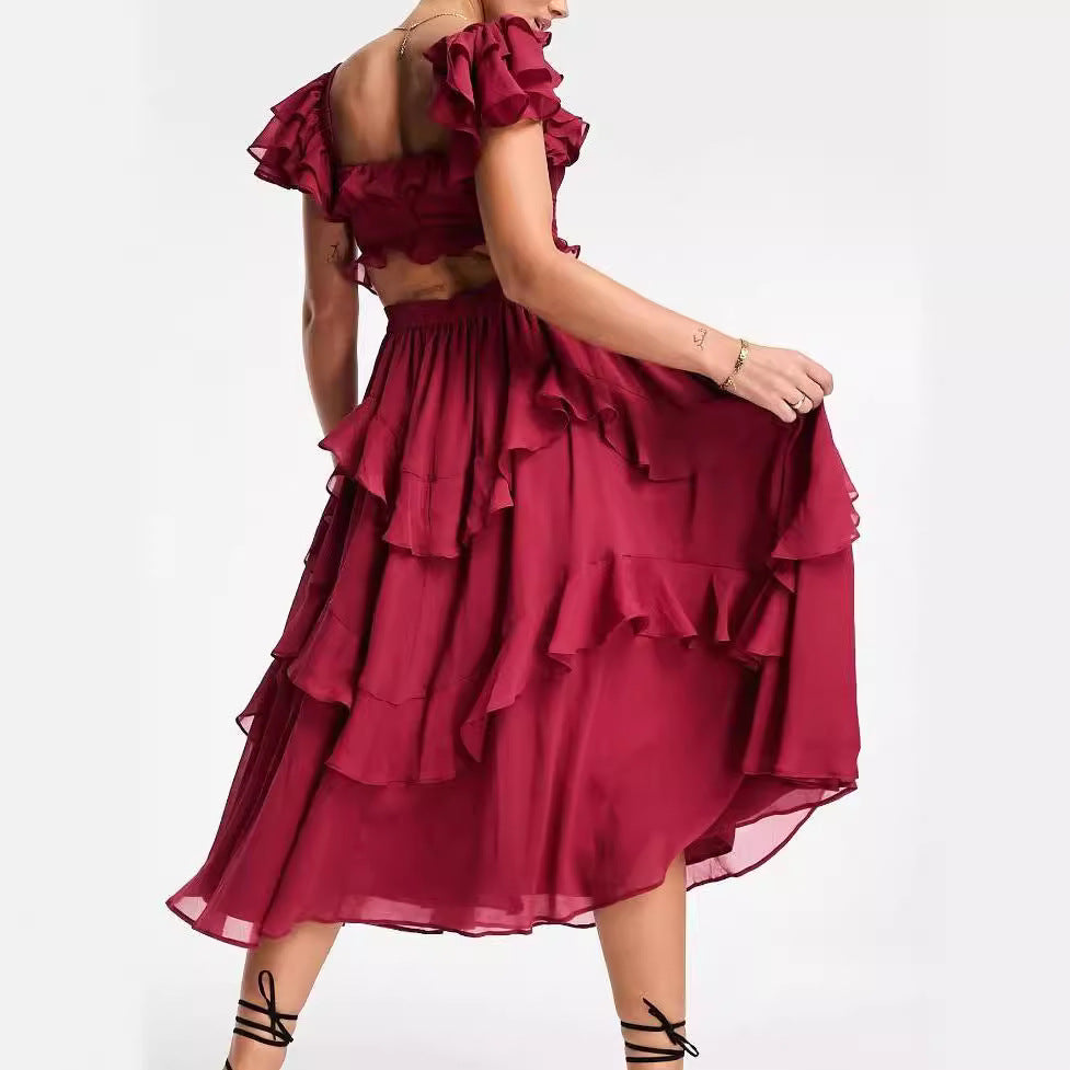 2025 new european and american style formal dress vacation dress lace backless cutout cake dress ruffle pleated maxi dress