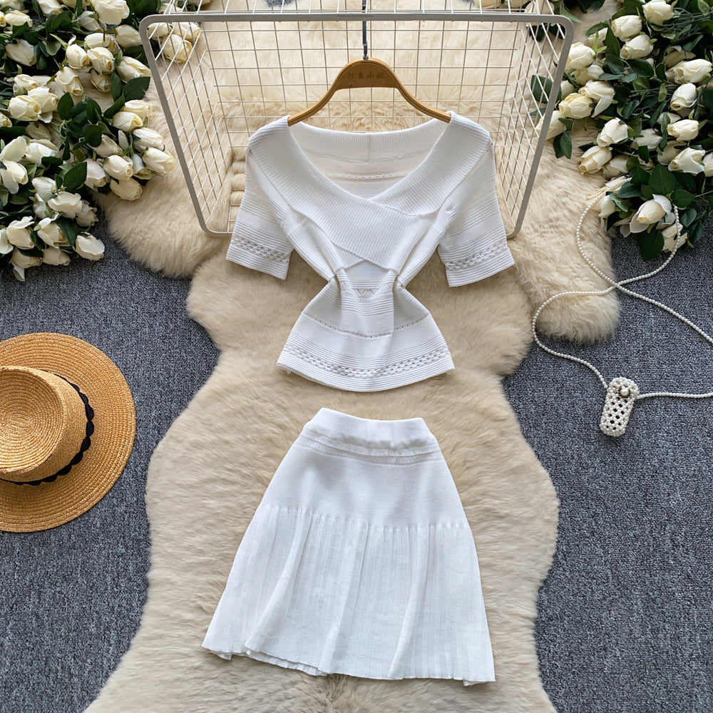 Commuter style pink knittingcut outtwo-piece set women's summer silmv neckcut outtops skirt fashionsuit