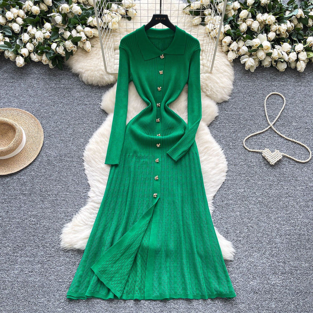 French retro polo collar long sleeve metallic buckle waist dress women's autumn slimming elegant crochet knit maxi dress