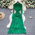 French retro polo collar long sleeve metallic buckle waist dress women's autumn slimming elegant crochet knit maxi dress