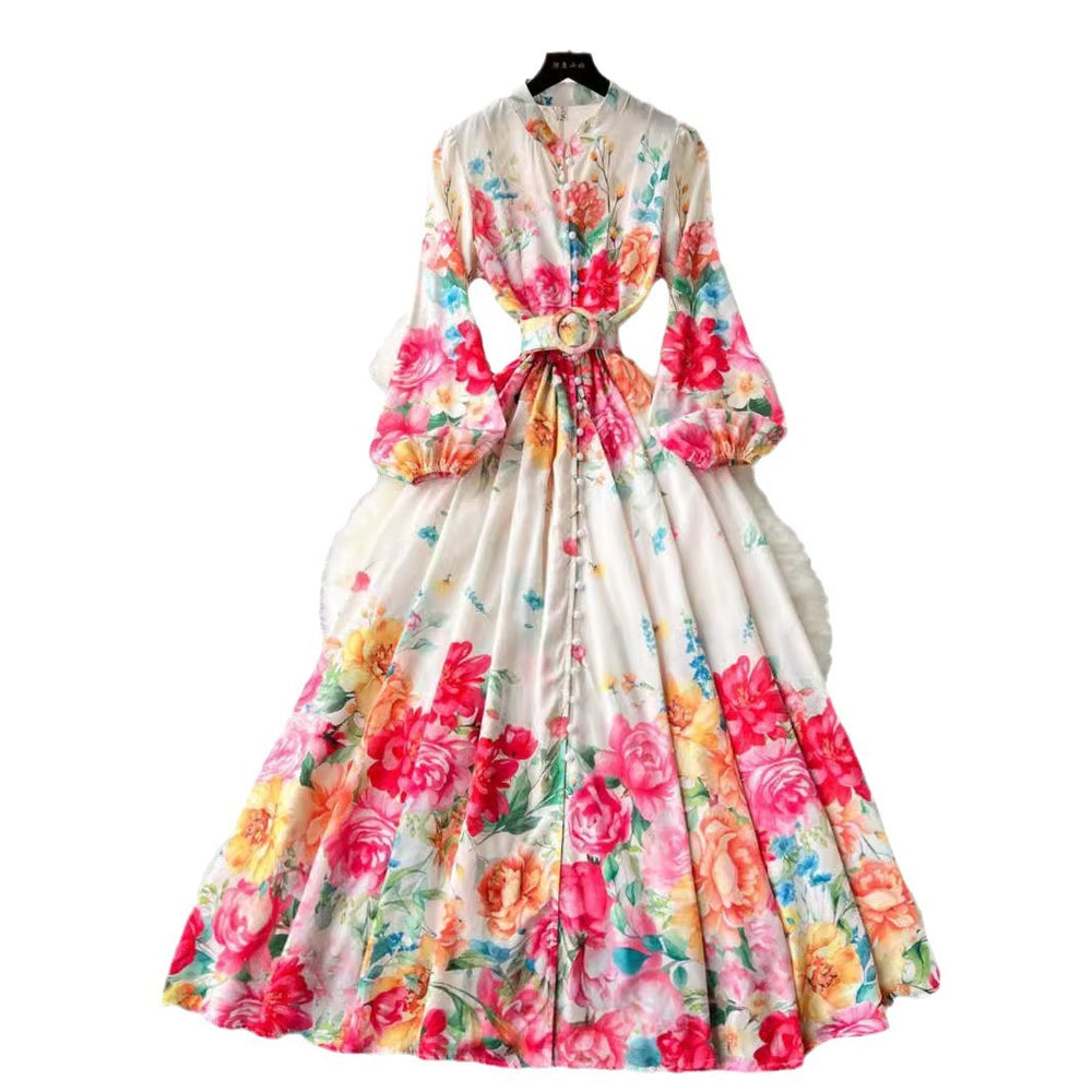 European and american style women's high-end vintage elegant stand collar single-breasted long sleeve cinched waist flared print vacation maxi dress
