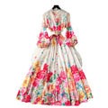 European and american style women's high-end vintage elegant stand collar single-breasted long sleeve cinched waist flared print vacation maxi dress