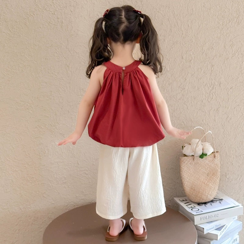 Girls' summer outfit  new style: trendy red halter top and korean style denim shorts two-piece set for little girls