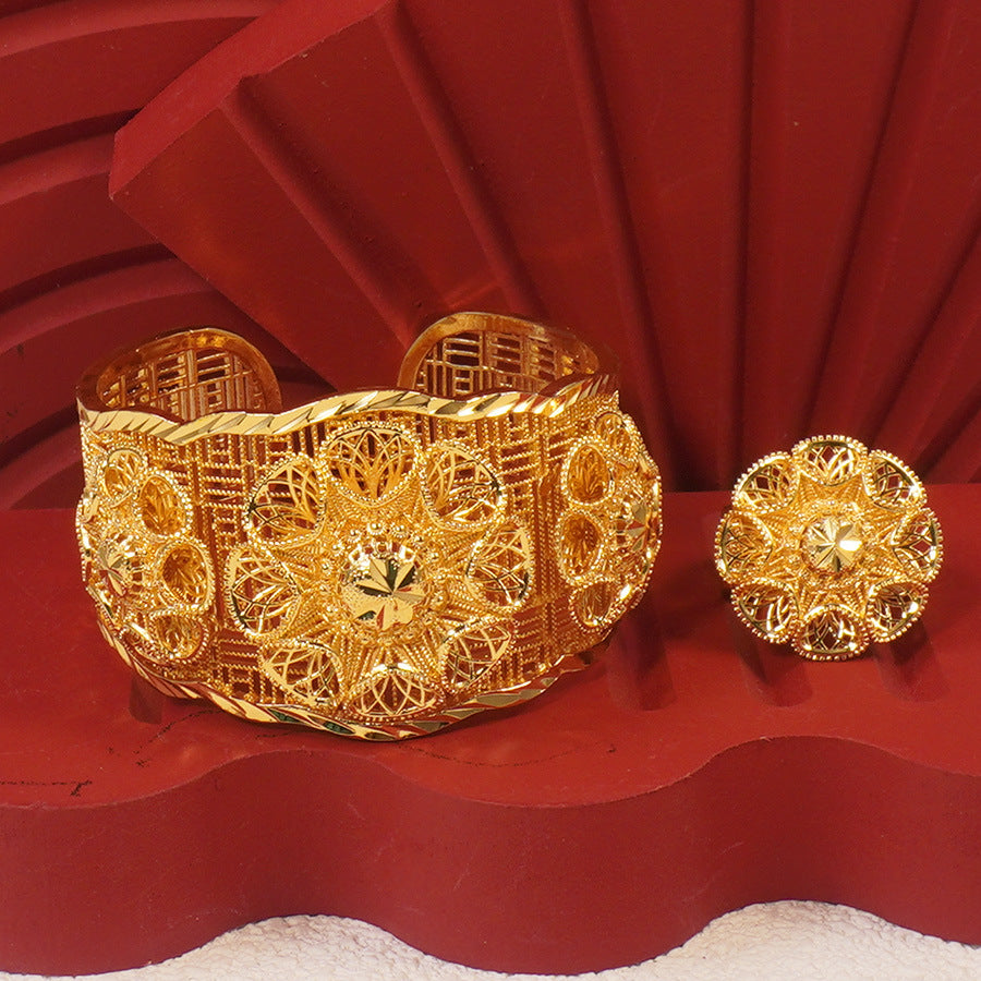 Bracelet and ring set, 24k gold plated luxury floral open bangle, middle eastern dubai style women's everyday accessories