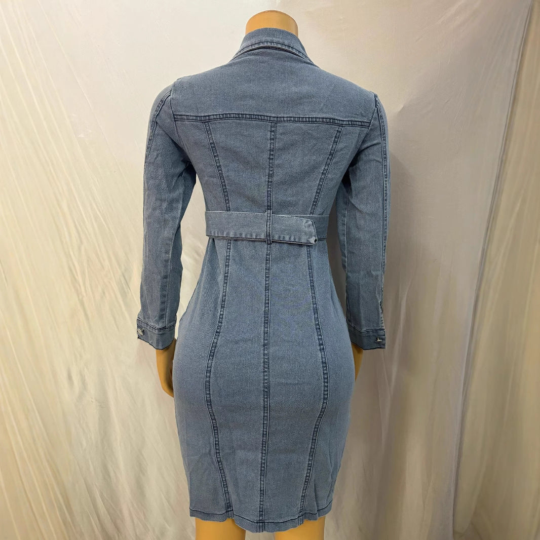 Cross-border Europe, America,  new women's clothing fashion lapel cardigan slim denim dress  wholesale women