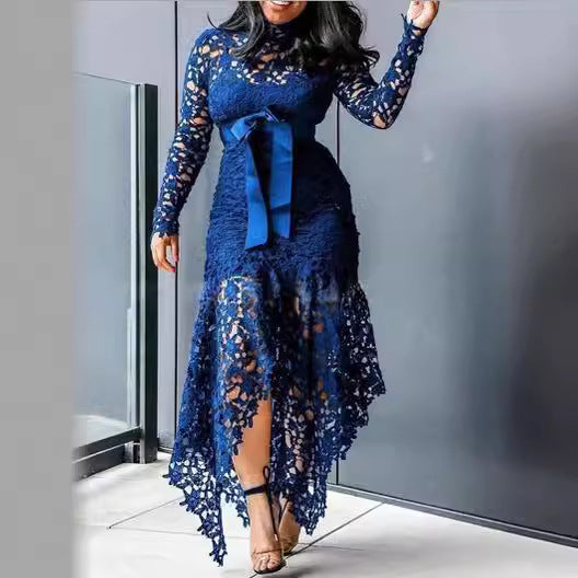 new european and american style women's export dress -  lace hollow-out long sleeve stand collar tie-up irregular dress in 5 colors