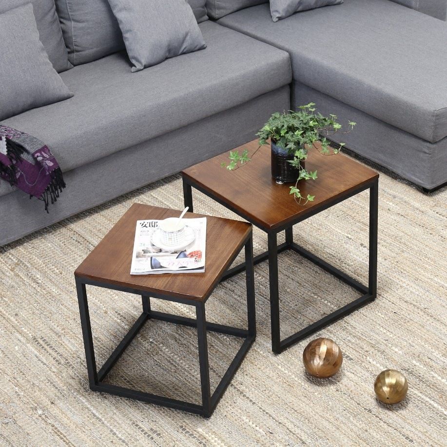 Scandinavian iron art solid wood coffee table small apartment sofa side table casual creative side table dark brown square mother-in-law coffee table