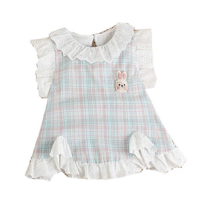 summer newborn infant cute french lace trimmed blue plaid bunny romper - perfect for outings and tummy time