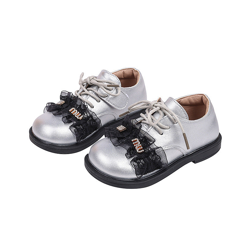 Girls' british style leather shoes, new autumn  collection, kids' lace-up princess shoes, fashionable and versatile black flats