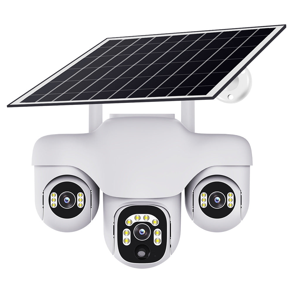 Cross-border low-power V380 monitoring outdoor grid-free and unplugged 4G three-ball rotating solar surveillance camera